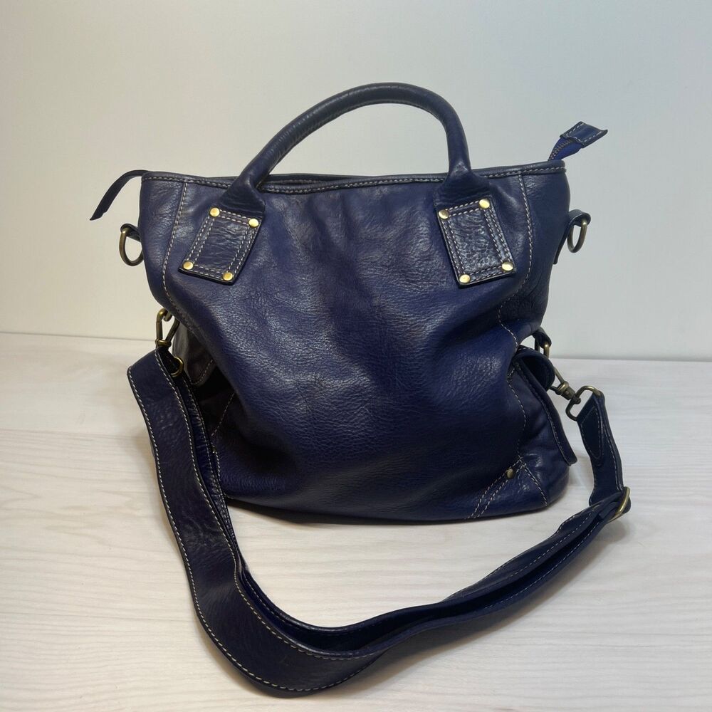 Sapahn Blue Leather Shoulder Bag Tote Purse Crossbody Convertible